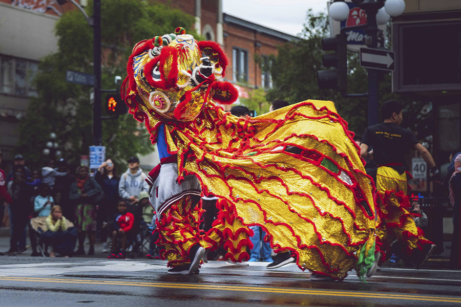 Danza del León tradicional china en la calle, con un disfraz dorado y rojo vibrante.