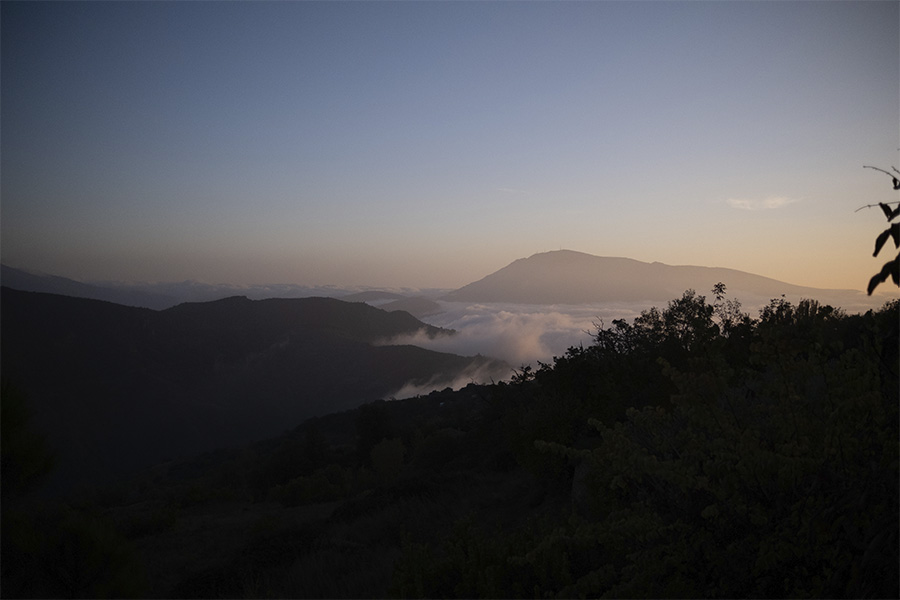 Amanecer sobre las montañas de La Alpujarra en Granada cubiertas por un mar de nubes bajas y siluetas de árboles, evocando calma y claridad mental.