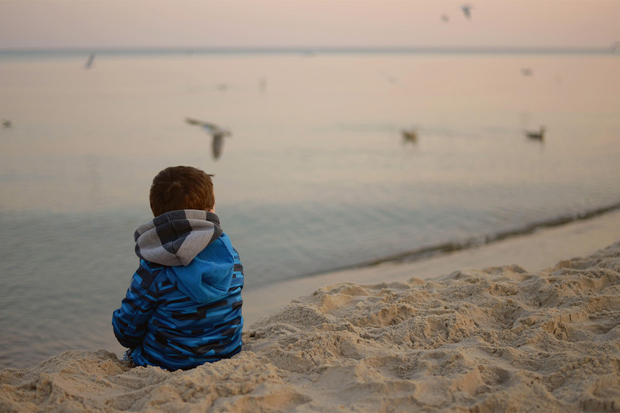 Niño sentado en la arena de la playa mirando el horizonte y las aves, practicando la calma y la reflexión.