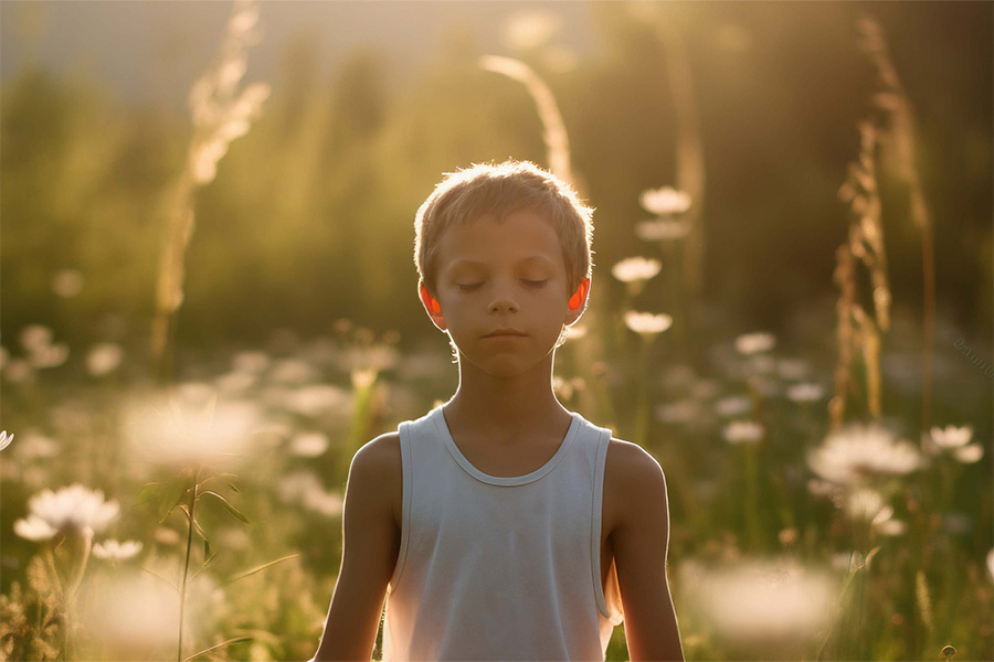 Niño con los ojos cerrados meditando o respirando profundamente en un campo de flores al atardecer.