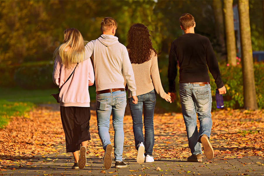 Grupo de cuatro personas caminando de espaldas por un sendero otoñal, simbolizando la amistad y el apoyo.
