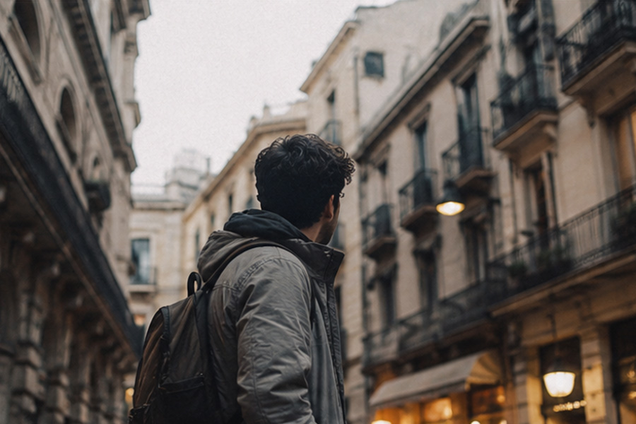 Collage de cuatro imágenes de viajes: una mujer con mochila en un aeropuerto, un hombre caminando por una calle europea antigua, una persona sentada frente a un fiordo montañoso y un grupo multicultural charlando en una cafetería.
